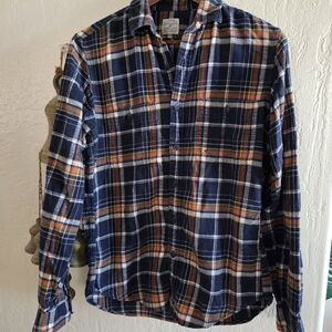 J. Crew Navy and Orange Slim Fit Flannel Plaid Casual Shirt
